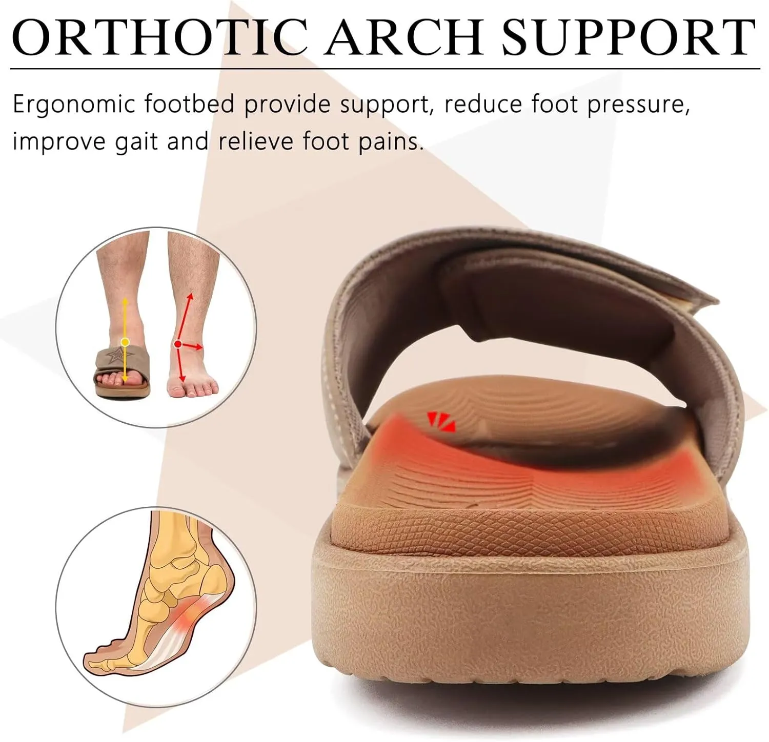 KuaiLu Mens Slides Soft Cushion Sport Sandals with Plantar Fasciitis Arch Support Adjustable Open Toe Summer Slippers Slip on Indoor Outdoor Size 7-15