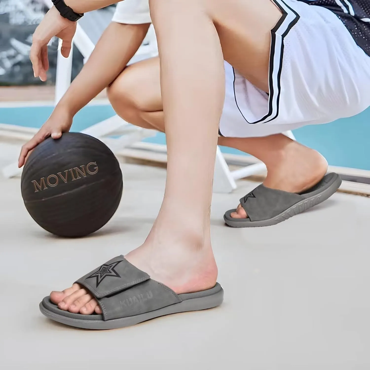 KuaiLu Mens Slides Soft Cushion Sport Sandals with Plantar Fasciitis Arch Support Adjustable Open Toe Summer Slippers Slip on Indoor Outdoor Size 7-15