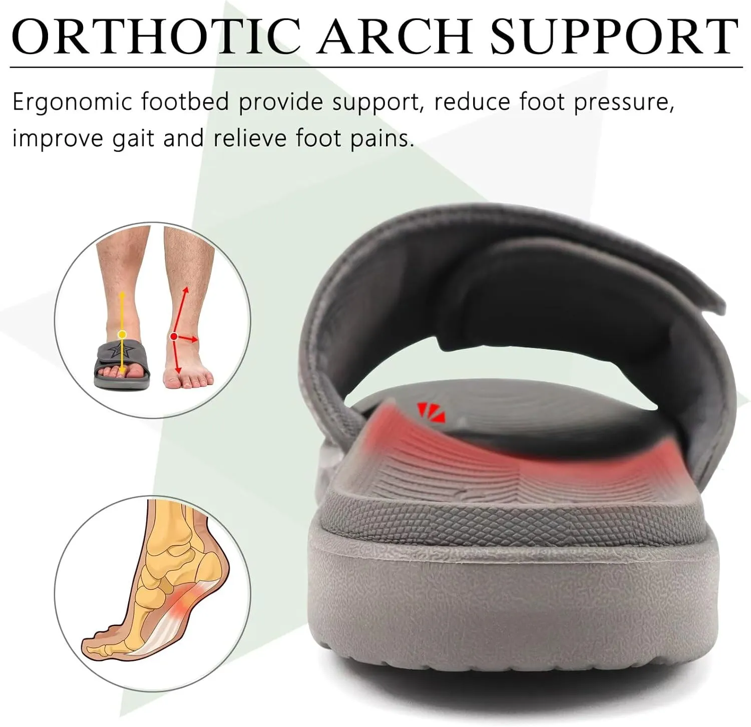 KuaiLu Mens Slides Soft Cushion Sport Sandals with Plantar Fasciitis Arch Support Adjustable Open Toe Summer Slippers Slip on Indoor Outdoor Size 7-15