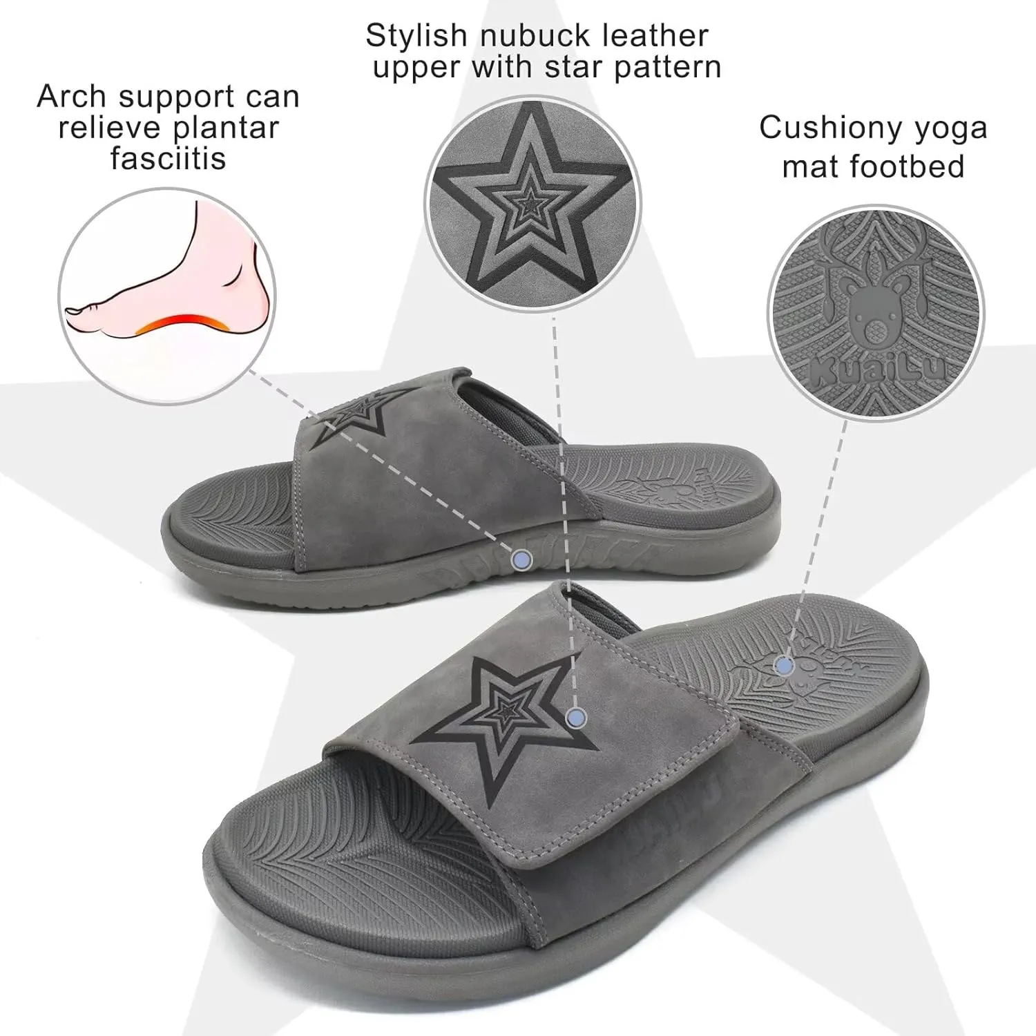 KuaiLu Mens Slides Soft Cushion Sport Sandals with Plantar Fasciitis Arch Support Adjustable Open Toe Summer Slippers Slip on Indoor Outdoor Size 7-15