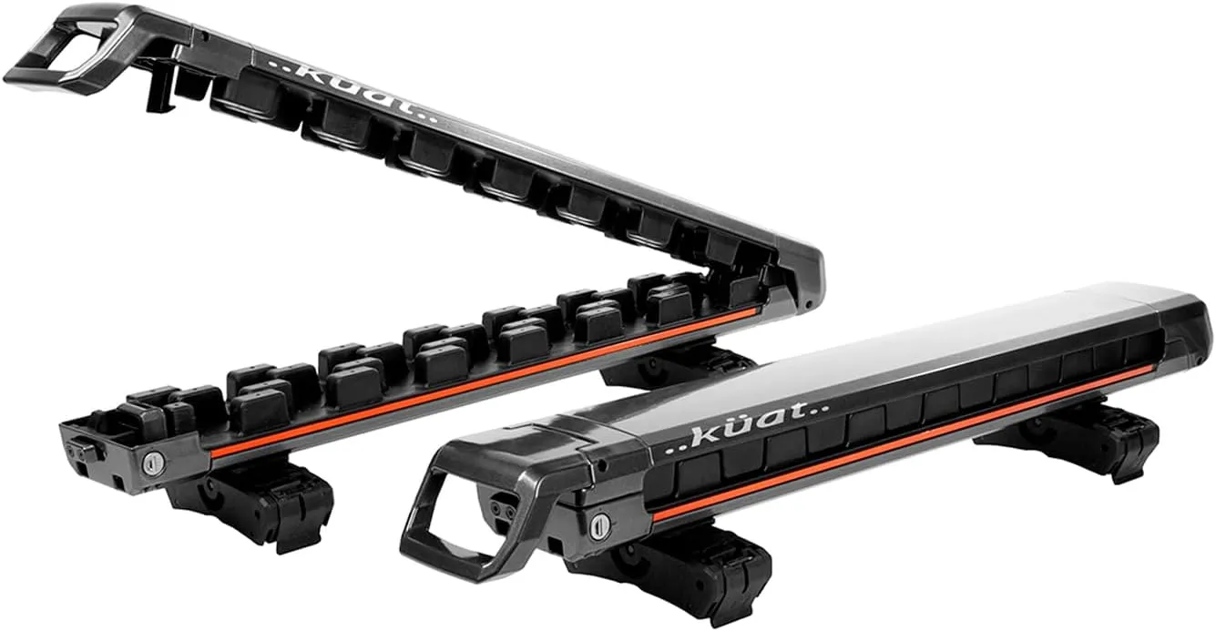 KUAT Grip 4 Durable Universal Car SUV Rooftop Crossbars Mounted Winter Sports Gear Hauling Transportation Slide-Out Locking Clamshell Rack, Fits 6 Skis/4 Snowboards - Gray with Orange Anodize