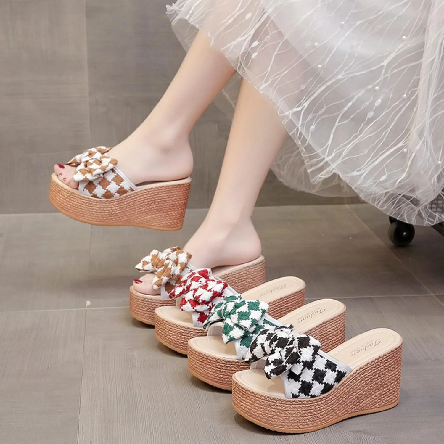 Ladies Fashion Linen Platform Wedge Open Toe Slippers,Summer Casual Bow Beach Slippers,Comfortable Platform Sandals.