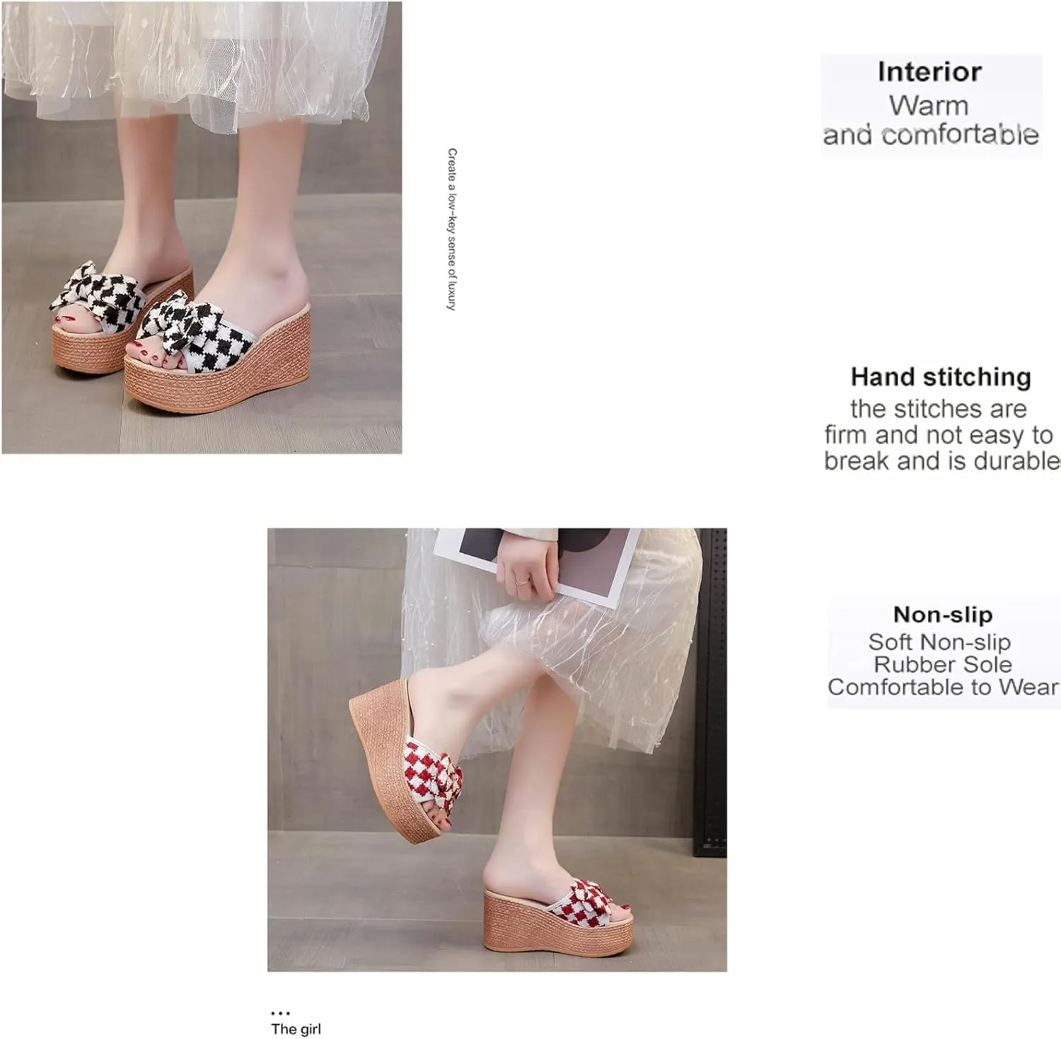 Ladies Fashion Linen Platform Wedge Open Toe Slippers,Summer Casual Bow Beach Slippers,Comfortable Platform Sandals.