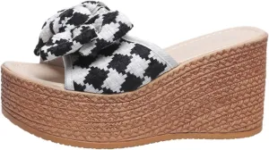 Ladies Fashion Linen Platform Wedge Open Toe Slippers,Summer Casual Bow Beach Slippers,Comfortable Platform Sandals.