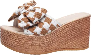 Ladies Fashion Linen Platform Wedge Open Toe Slippers,Summer Casual Bow Beach Slippers,Comfortable Platform Sandals.