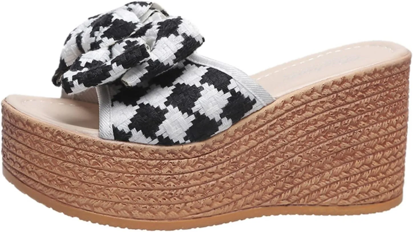 Ladies Fashion Linen Platform Wedge Open Toe Slippers,Summer Casual Bow Beach Slippers,Comfortable Platform Sandals.