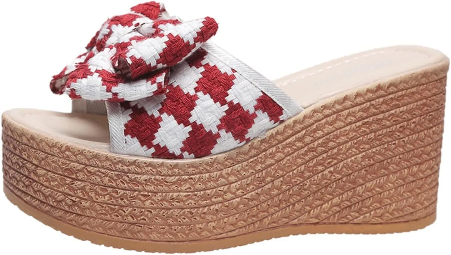 Ladies Fashion Linen Platform Wedge Open Toe Slippers,Summer Casual Bow Beach Slippers,Comfortable Platform Sandals.