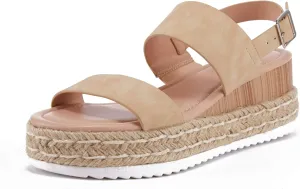 LAICIGO Women’s Open Toe Wedge Platform Espadrilles Ankle Strap Buckle Faux Leather Cork Rubber Summer Sandals
