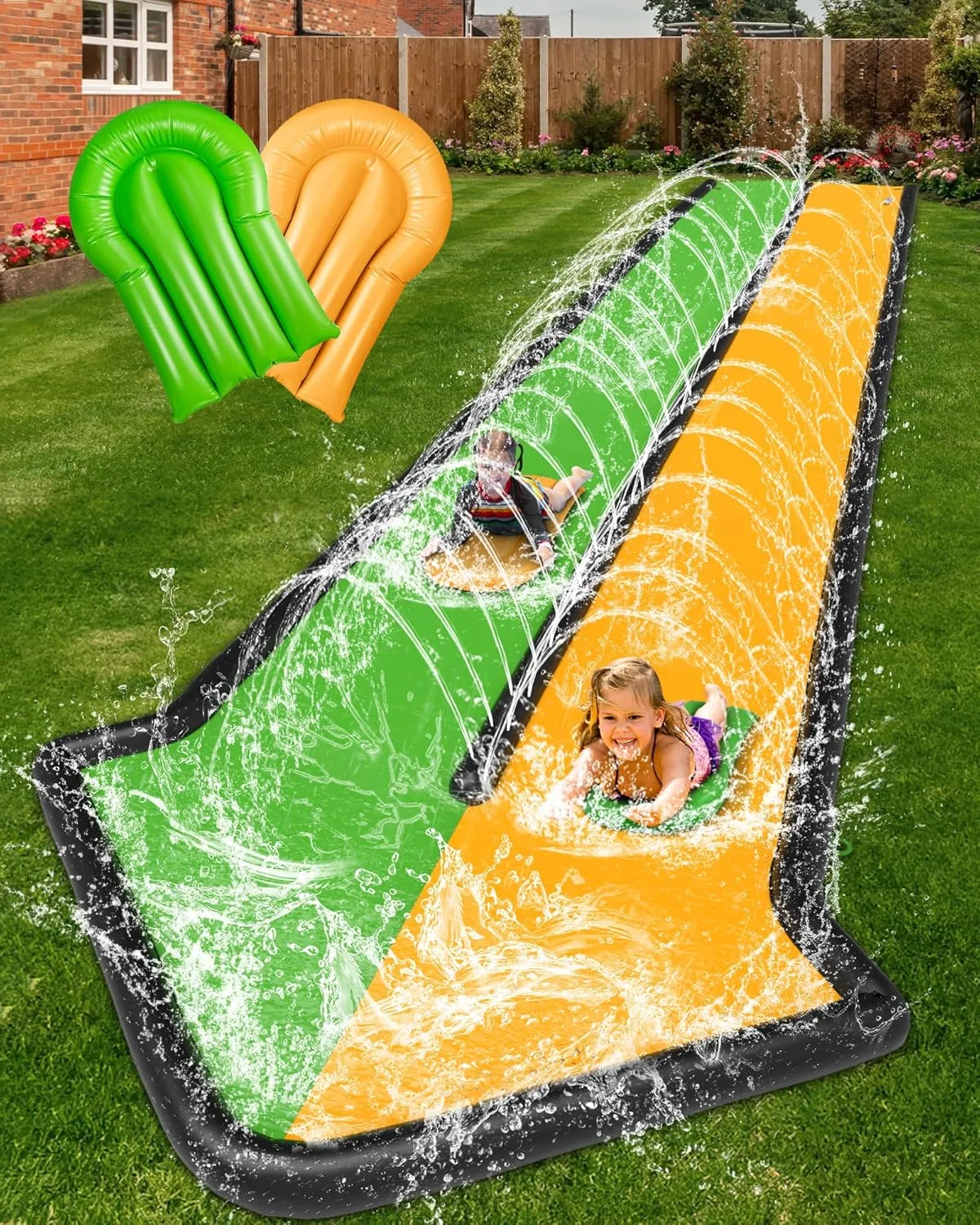 Lawn Water Slide for Kids, 20ft Long Inflatable Slip Splash Long Water Slide Racing Lane for Kids Adults with 2 Bodyboards and Sprinkler, Summer Water Fun Toy for Backyard Lawn