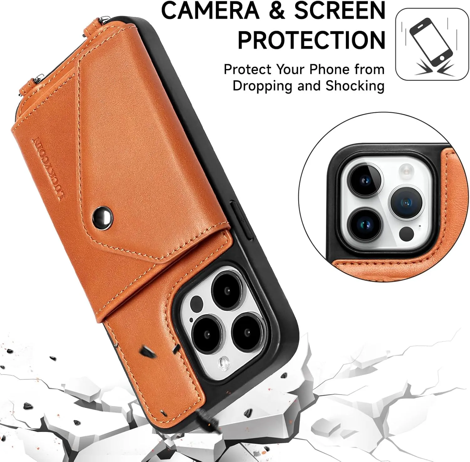 Leather Crossbody Wallet Phone Case for iPhone 15 Pro Max 6.7 in,Genuine Leather Flip Purse Case Cover Phone Case for Woman,with Adjustable Wrist Strap Card Holder Protective Handbag Cover Brown