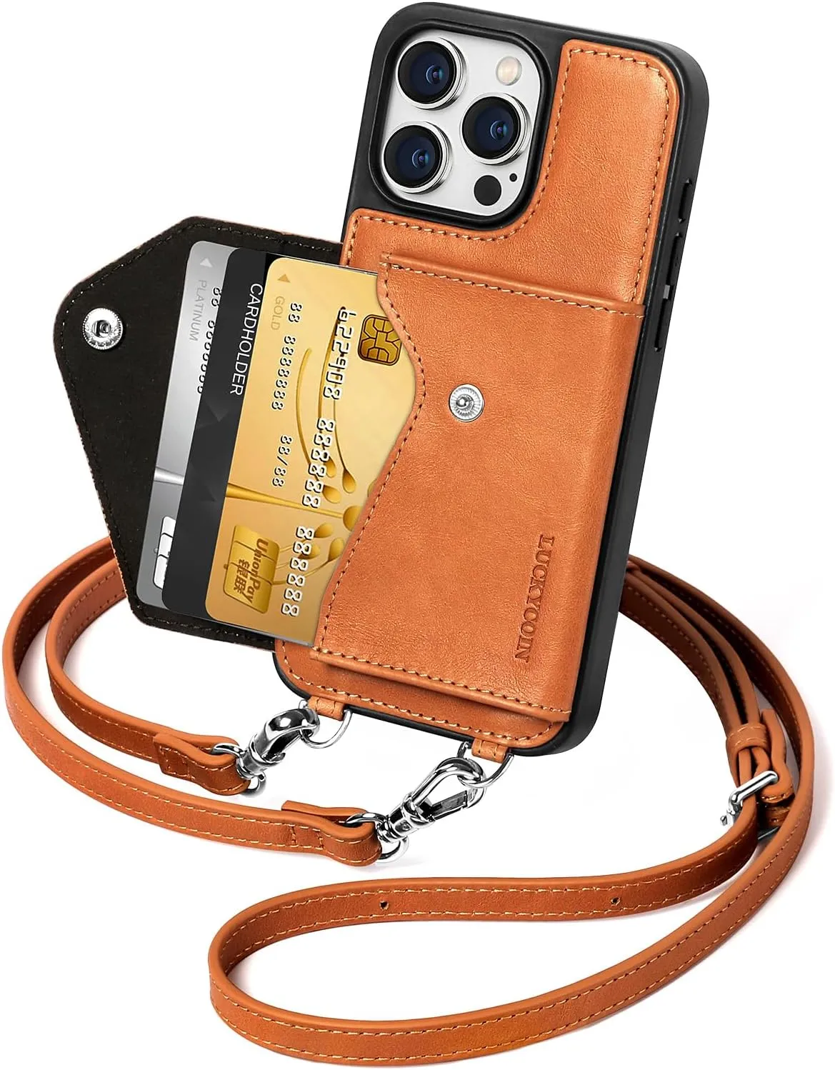 Leather Crossbody Wallet Phone Case for iPhone 15 Pro Max 6.7 in,Genuine Leather Flip Purse Case Cover Phone Case for Woman,with Adjustable Wrist Strap Card Holder Protective Handbag Cover Brown
