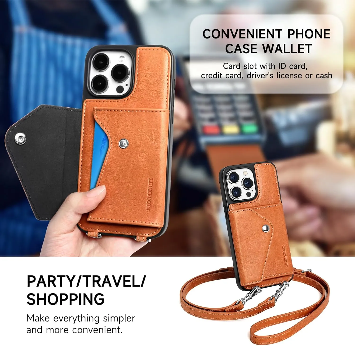 Leather Crossbody Wallet Phone Case for iPhone 15 Pro Max 6.7 in,Genuine Leather Flip Purse Case Cover Phone Case for Woman,with Adjustable Wrist Strap Card Holder Protective Handbag Cover Brown