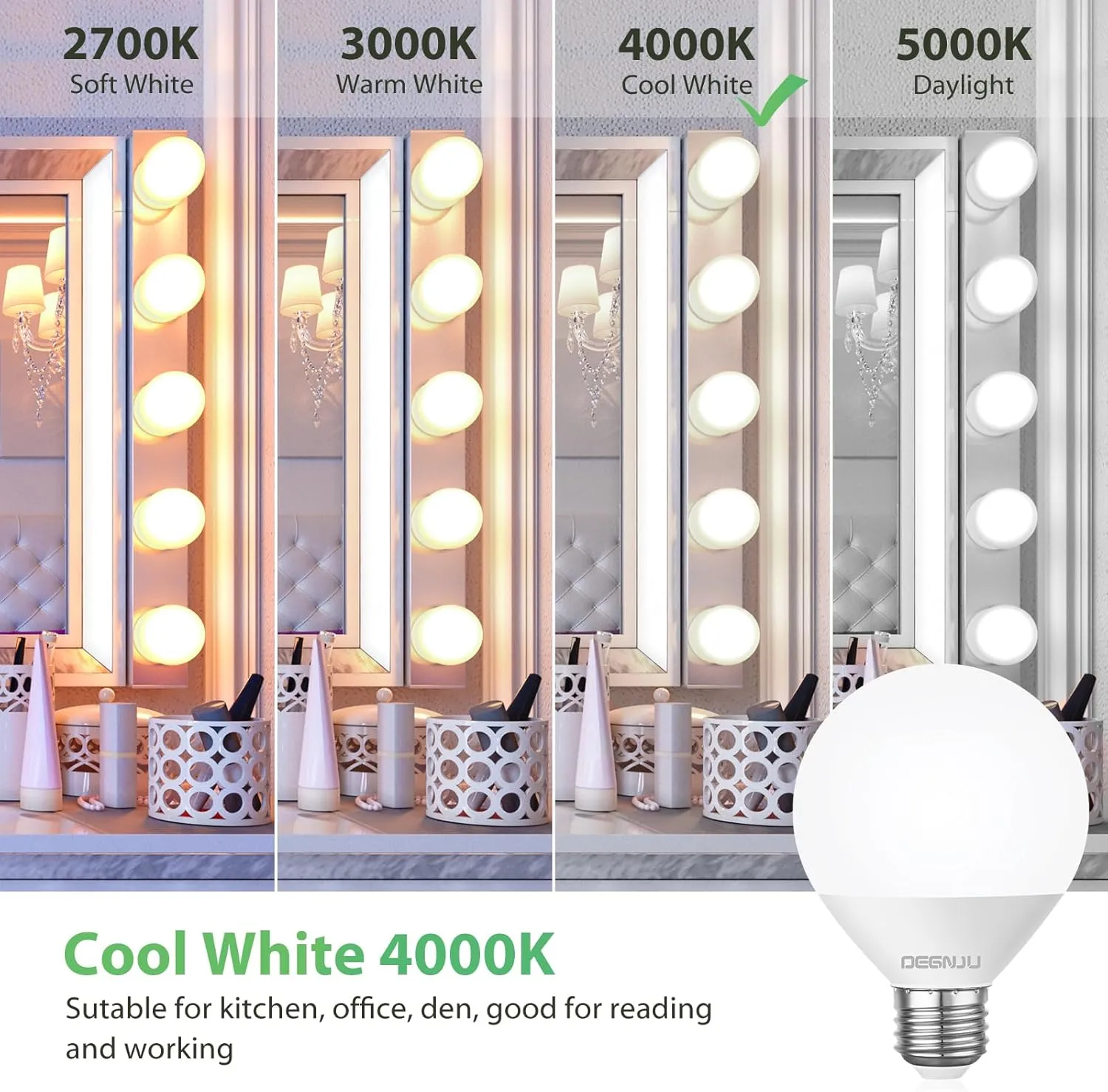 LED Vanity Light Bulbs, 60W Equivalent, Bathroom Light Bulbs 4000K Cool White, 800 Lumens, G25 Globe Bulb for Makeup Mirror, Round Shape, 7W, 120V, Non-Dimmable, 10 Pack