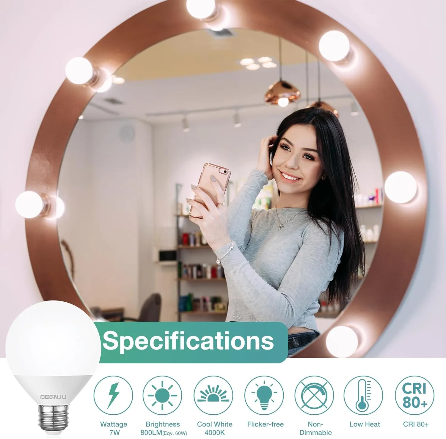 LED Vanity Light Bulbs, 60W Equivalent, Bathroom Light Bulbs 4000K Cool White, 800 Lumens, G25 Globe Bulb for Makeup Mirror, Round Shape, 7W, 120V, Non-Dimmable, 10 Pack