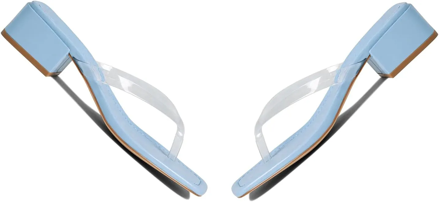 LEHOOR Women Chunky Heel Square Toe Flip Flops Comfort Slip On Heeled Thong Flip Flops 2 Inch Low Block Heel Dress Slippers Sandals Clear T-Strap Work Slides Casual Summer Beach Heels 4-11 M US