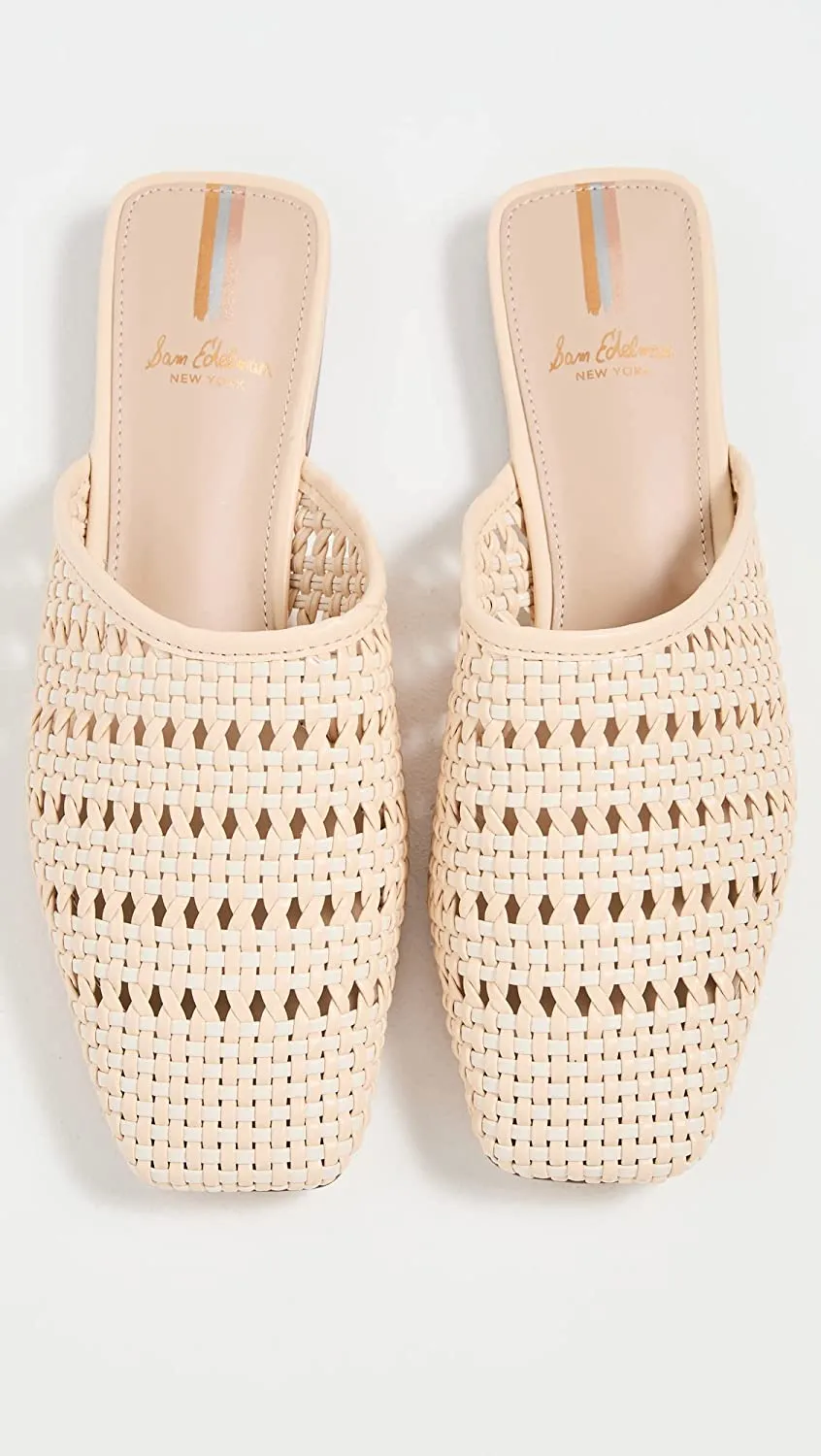 Leona Professional Edelman Slip Squared Eggshell Flat Detailed Excellent reviews Toe On Woven Ornate Mules Sam
