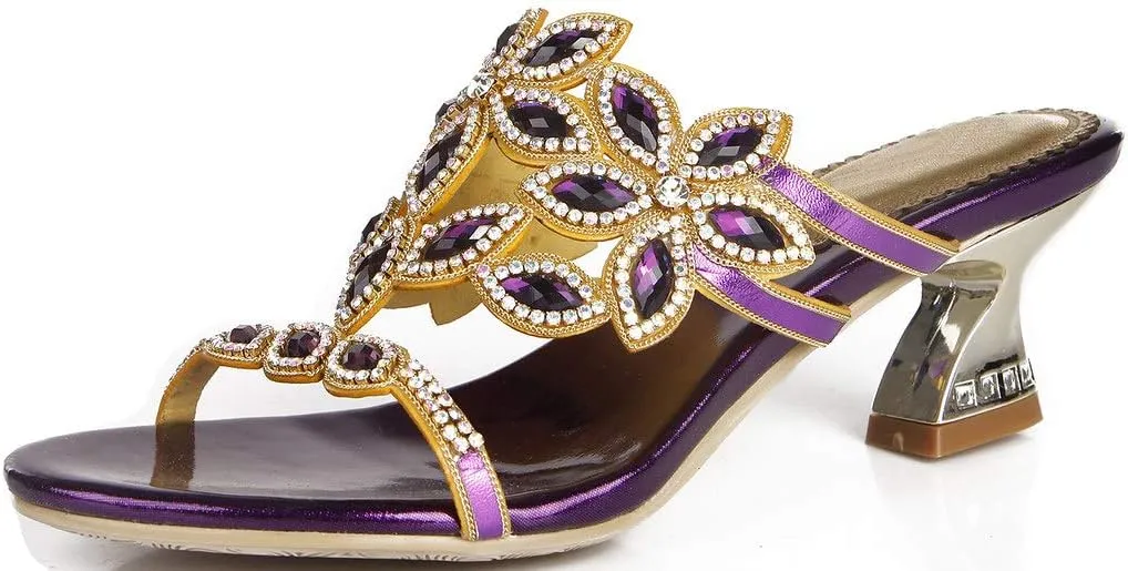 LizFoYa Women Rhinestone Dress Sandals Open Toe Flowers Comfort Chunky Low Heels