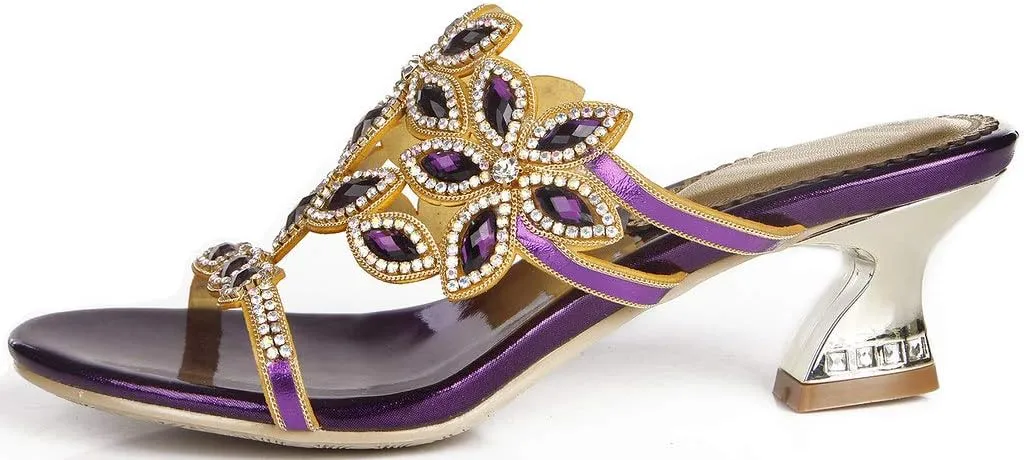LizFoYa Women Rhinestone Dress Sandals Open Toe Flowers Comfort Chunky Low Heels