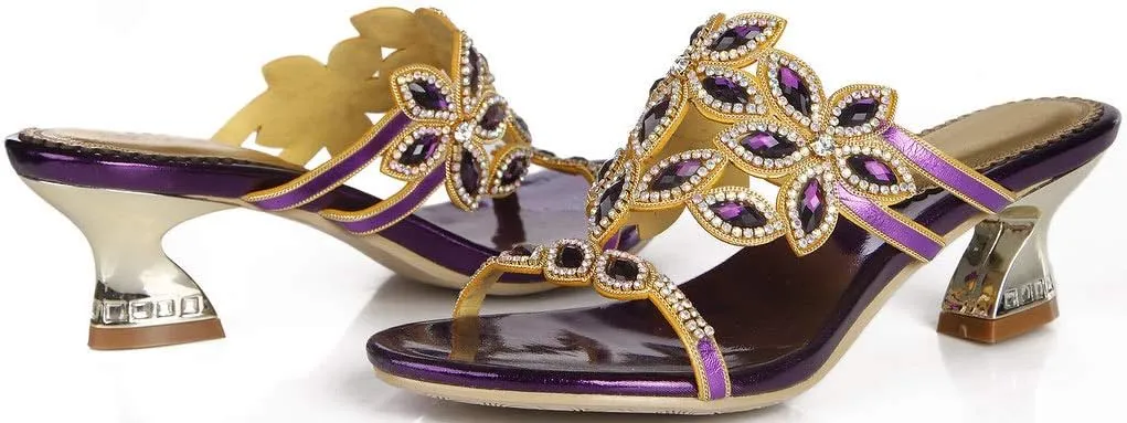 LizFoYa Women Rhinestone Dress Sandals Open Toe Flowers Comfort Chunky Low Heels