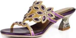 LizFoYa Women Rhinestone Dress Sandals Open Toe Flowers Comfort Chunky Low Heels