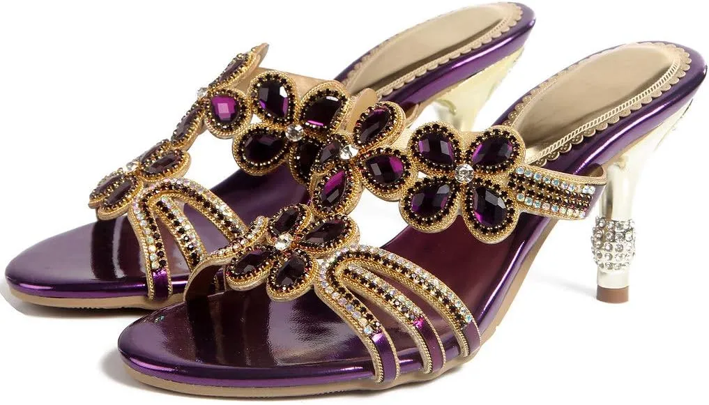 LizFoYa Women Rhinestone Handmade Sandals Flowers Cut-Out Slip On Dress Kitten Heels
