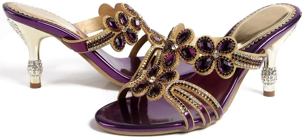 LizFoYa Women Rhinestone Handmade Sandals Flowers Cut-Out Slip On Dress Kitten Heels