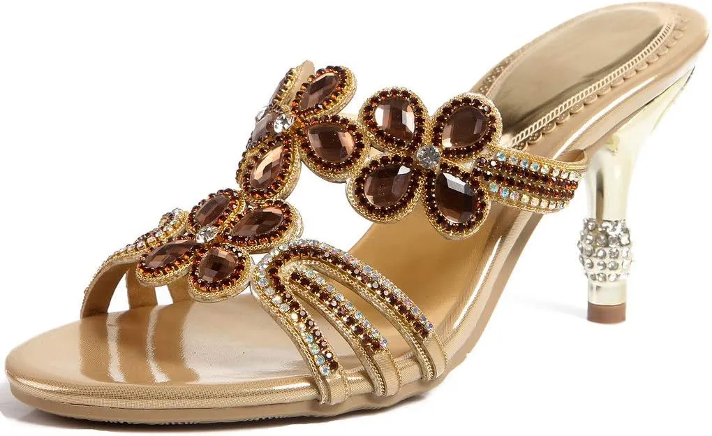 LizFoYa Women Rhinestone Handmade Sandals Flowers Cut-Out Slip On Dress Kitten Heels