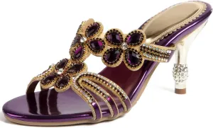 LizFoYa Women Rhinestone Handmade Sandals Flowers Cut-Out Slip On Dress Kitten Heels