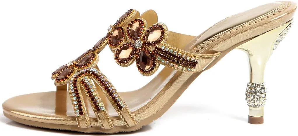 LizFoYa Women Rhinestone Handmade Sandals Flowers Cut-Out Slip On Dress Kitten Heels