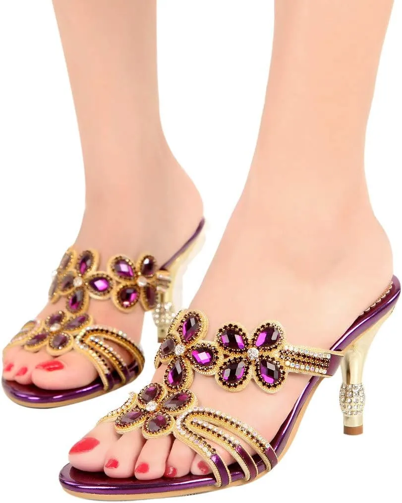 LizFoYa Women Rhinestone Handmade Sandals Flowers Cut-Out Slip On Dress Kitten Heels