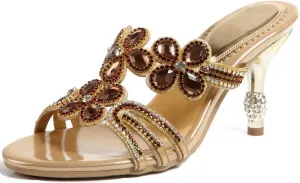 LizFoYa Women Rhinestone Handmade Sandals Flowers Cut-Out Slip On Dress Kitten Heels