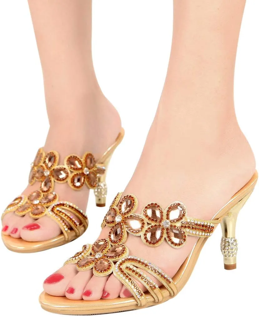 LizFoYa Women Rhinestone Handmade Sandals Flowers Cut-Out Slip On Dress Kitten Heels