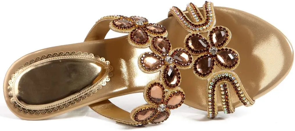 LizFoYa Women Rhinestone Handmade Sandals Flowers Cut-Out Slip On Dress Kitten Heels