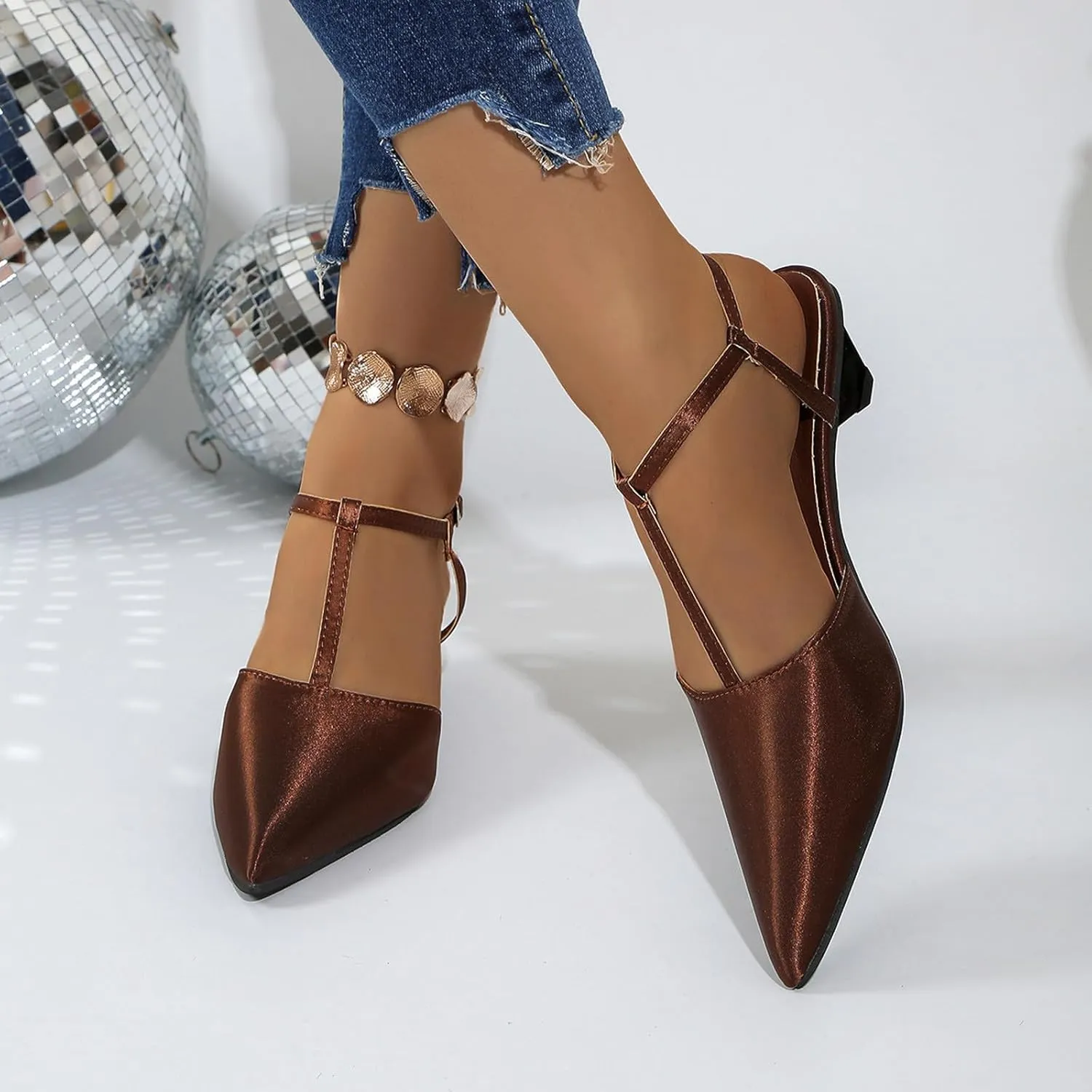Low Heels for Women Closed Square Toe Heels Slip on Mules Satin Sandals Wedding Party Dance Shoes Casual Summer Pumps