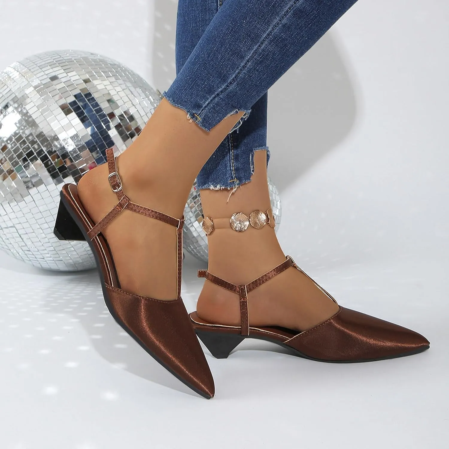 Low Heels for Women Closed Square Toe Heels Slip on Mules Satin Sandals Wedding Party Dance Shoes Casual Summer Pumps