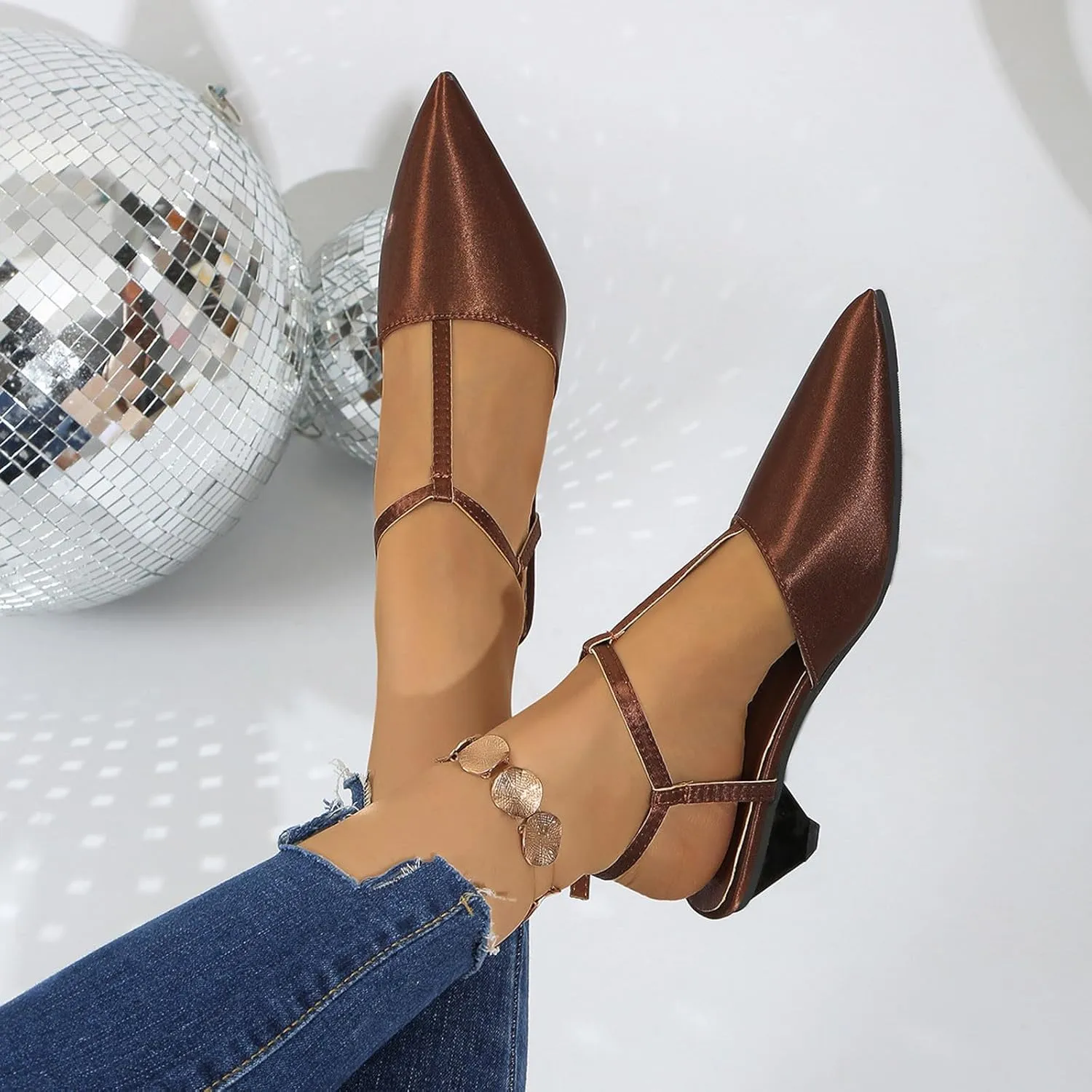 Low Heels for Women Closed Square Toe Heels Slip on Mules Satin Sandals Wedding Party Dance Shoes Casual Summer Pumps