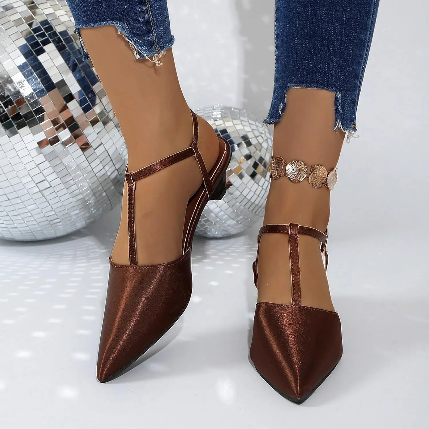 Low Heels for Women Closed Square Toe Heels Slip on Mules Satin Sandals Wedding Party Dance Shoes Casual Summer Pumps