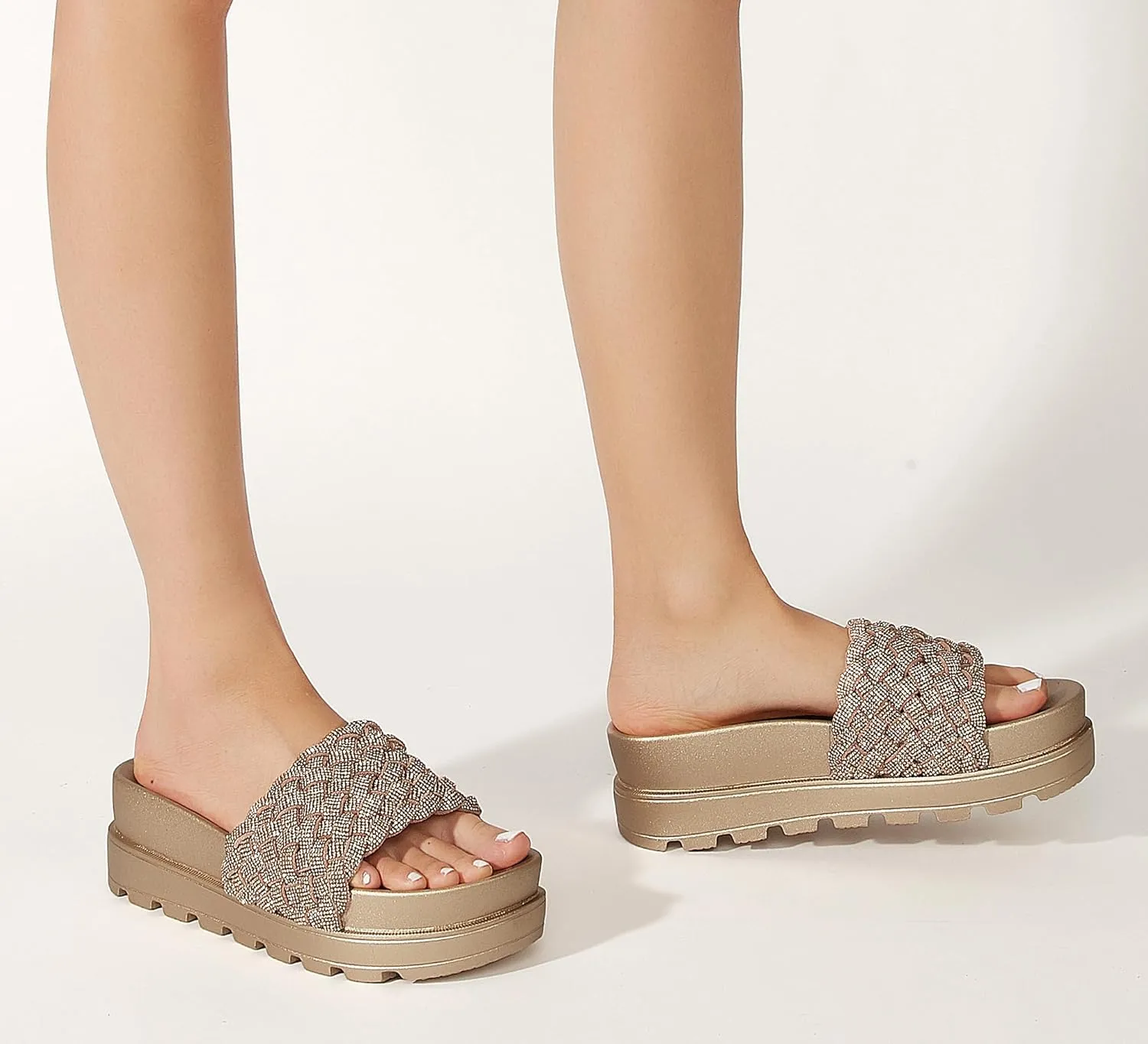 LUCKY STEP Women's Platform Sandals Braided Strap Flatform Slide Open Toe Casual Summer Beach Outdoor Wedge Woven Belt Slipper