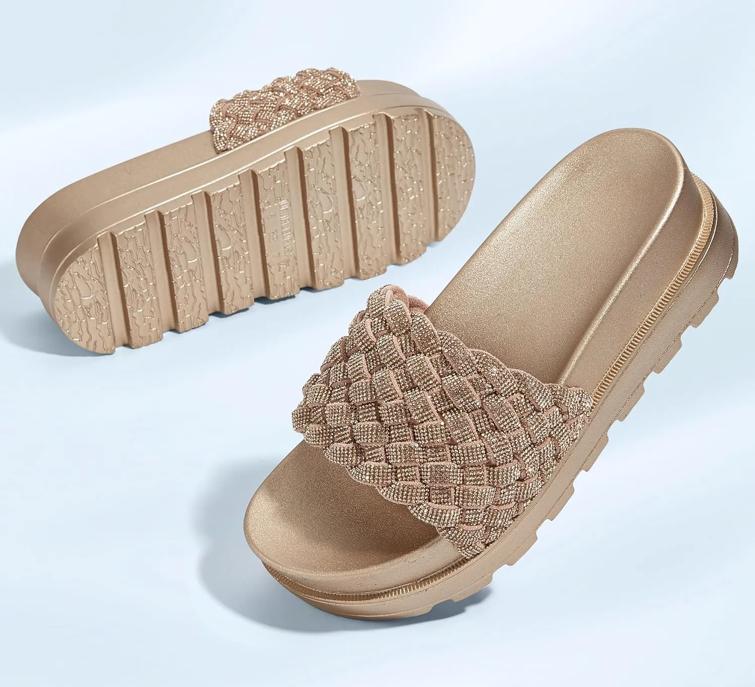 LUCKY STEP Women's Platform Sandals Braided Strap Flatform Slide Open Toe Casual Summer Beach Outdoor Wedge Woven Belt Slipper
