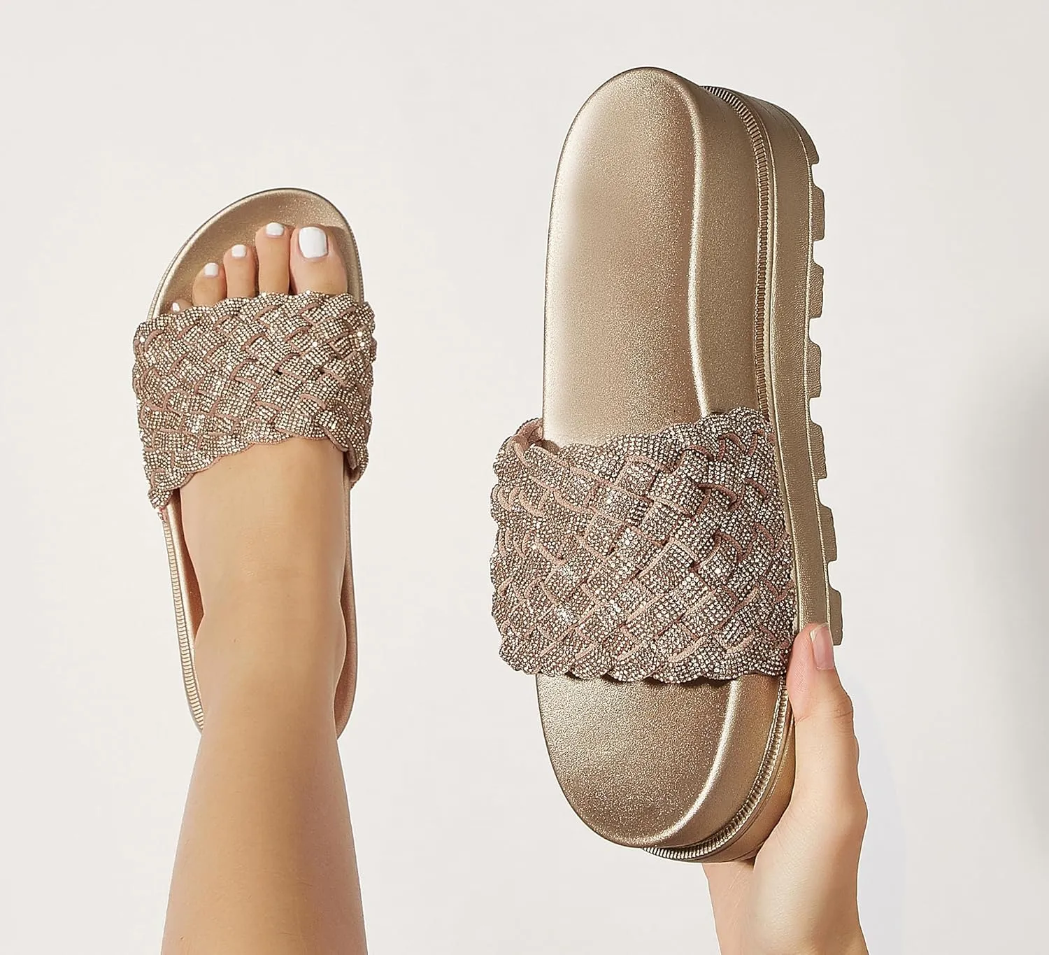 LUCKY STEP Women's Platform Sandals Braided Strap Flatform Slide Open Toe Casual Summer Beach Outdoor Wedge Woven Belt Slipper
