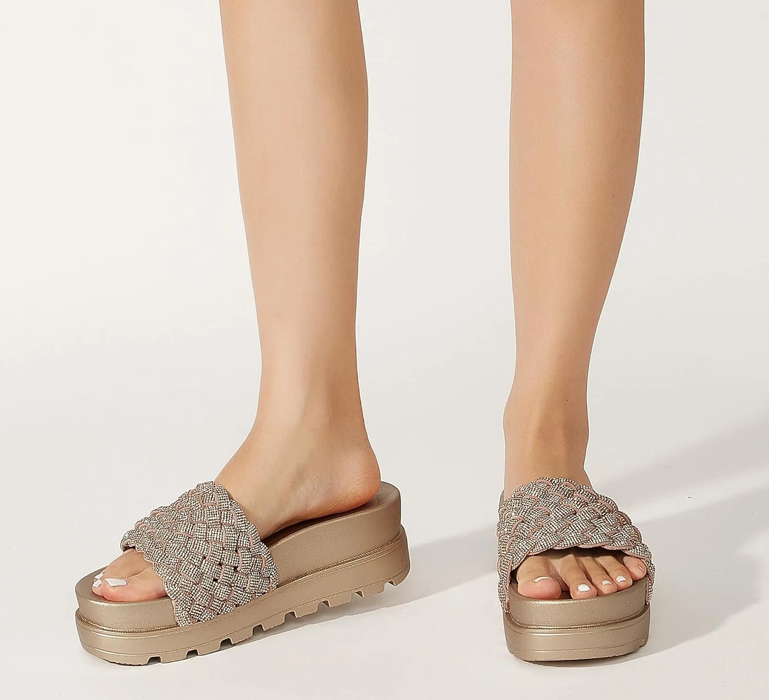 LUCKY STEP Women's Platform Sandals Braided Strap Flatform Slide Open Toe Casual Summer Beach Outdoor Wedge Woven Belt Slipper