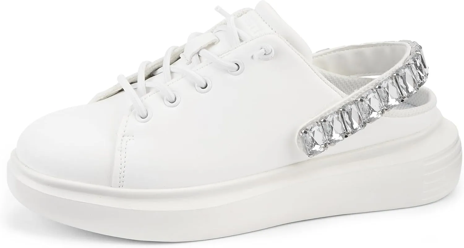LUCKY STEP Women's Rhinestone Mule Shoes Adjustable Casual Slip On Sneakers Closed Toe Breathable Clogs