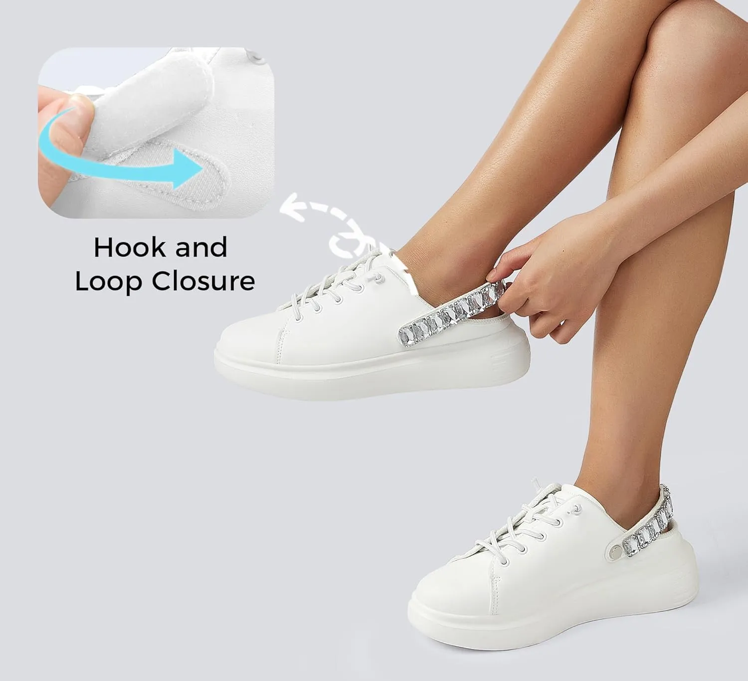 LUCKY STEP Women's Rhinestone Mule Shoes Adjustable Casual Slip On Sneakers Closed Toe Breathable Clogs