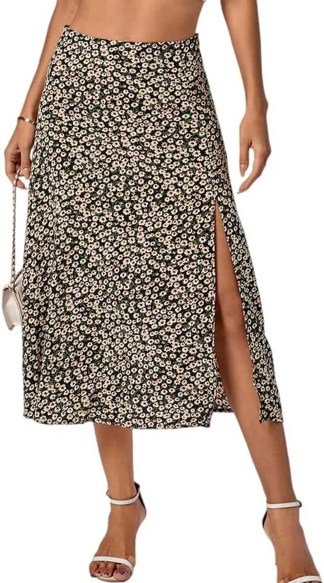 LYANER Women's Casual Boho Printed High Waist Side Split Hem Zipper Midi Skirt