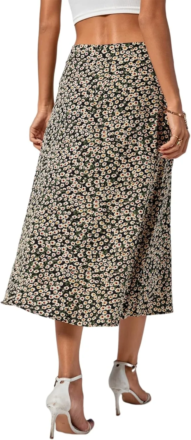 LYANER Women's Casual Boho Printed High Waist Side Split Hem Zipper Midi Skirt
