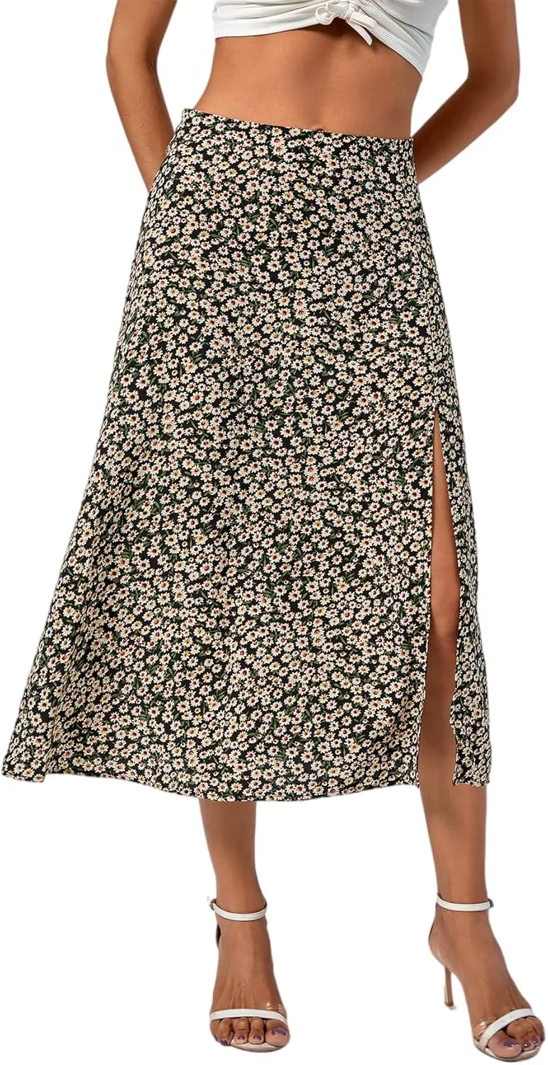 LYANER Women's Casual Boho Printed High Waist Side Split Hem Zipper Midi Skirt