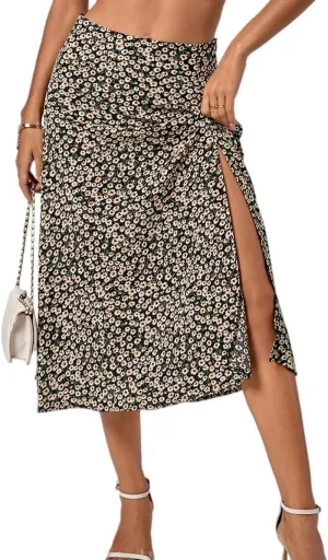 LYANER Women's Casual Boho Printed High Waist Side Split Hem Zipper Midi Skirt