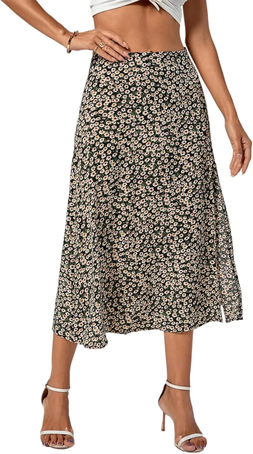LYANER Women's Casual Boho Printed High Waist Side Split Hem Zipper Midi Skirt