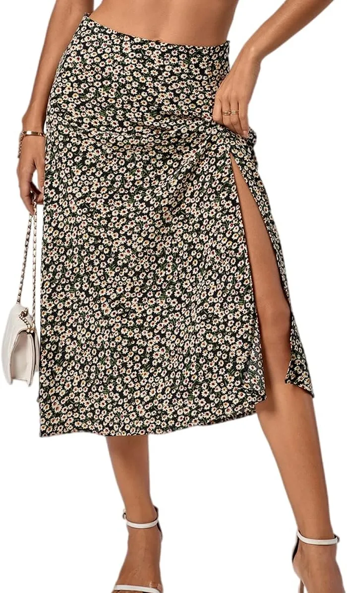 LYANER Women's Casual Boho Printed High Waist Side Split Hem Zipper Midi Skirt