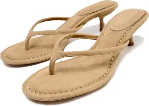 Lymphvity Open Round Toe Flip Flops for Women Kitten Heels Sandals Comfortable Summer Slip on Thong Heeled Sandals with Memory Foam